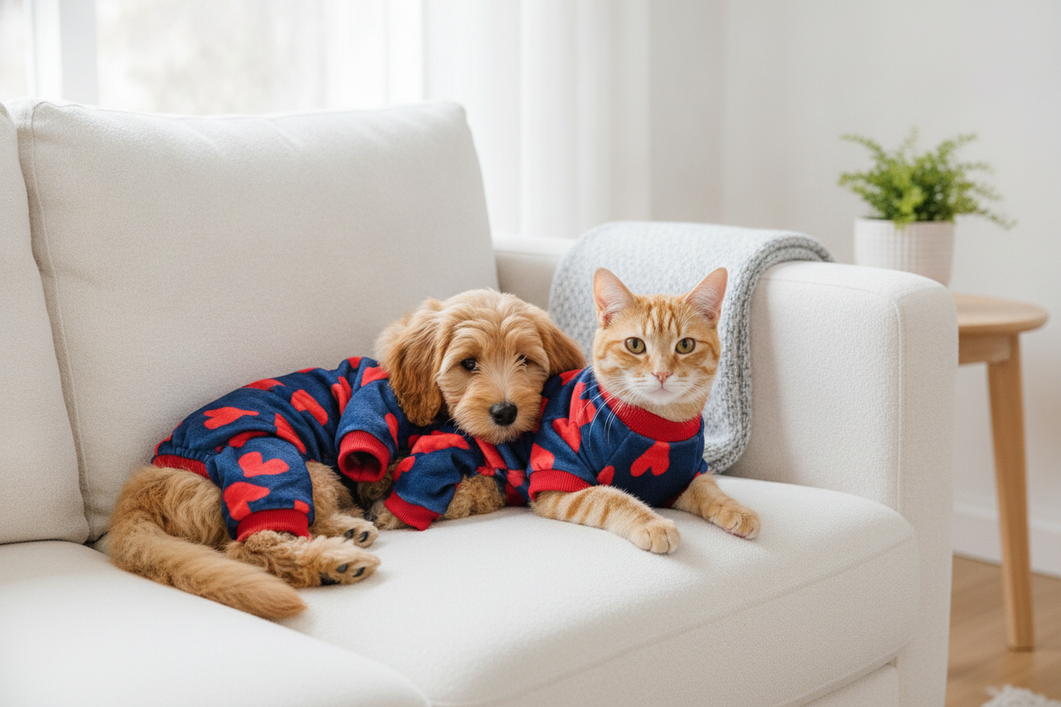 Small dog and cat wearing comfortable pet clothing together in a bright home setting