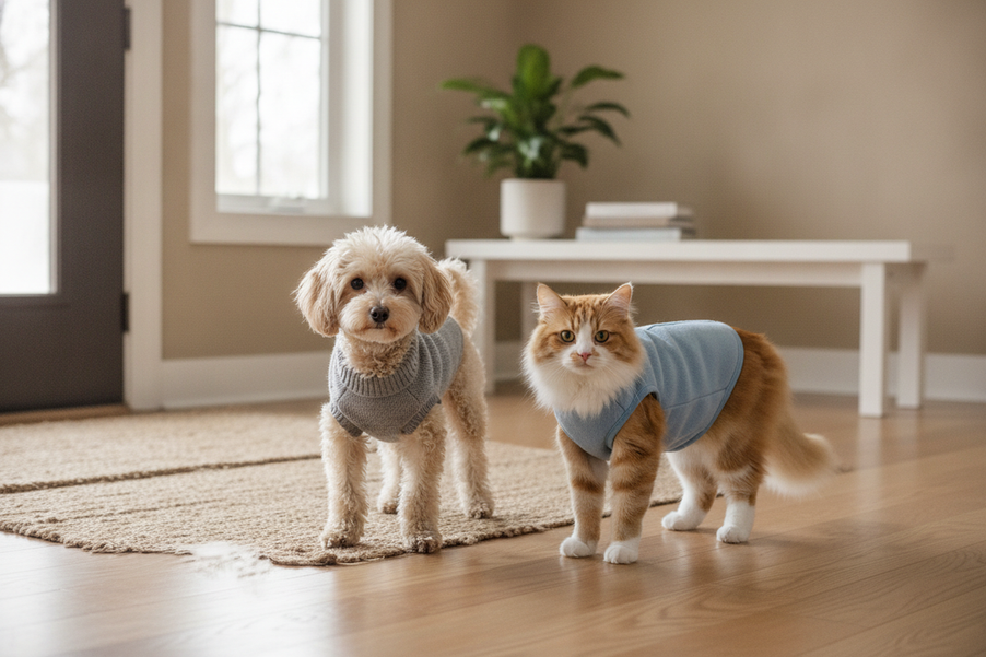 Dog and cat wearing generic pet clothing together in a bright home setting