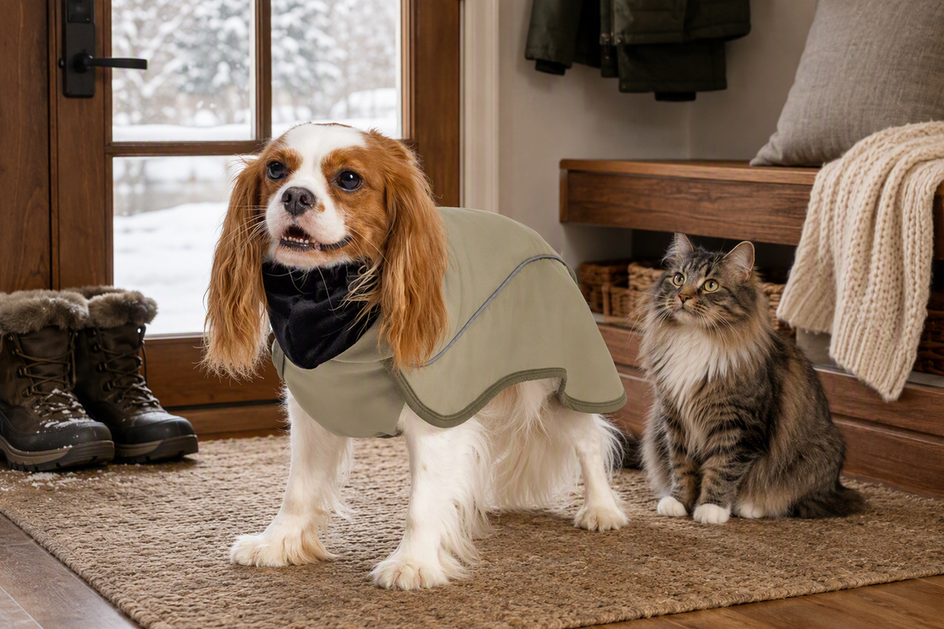 Dog wearing a winter coat beside a cat in a cozy home entryway, with the coat clearly visible.