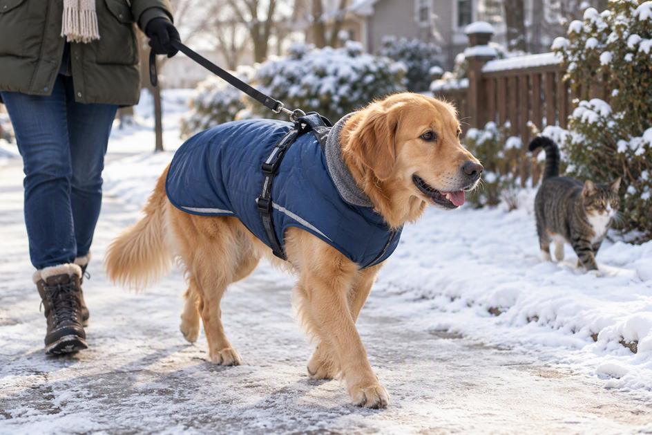 Dog wearing a winter coat on a supervised walk while a cat watches nearby.