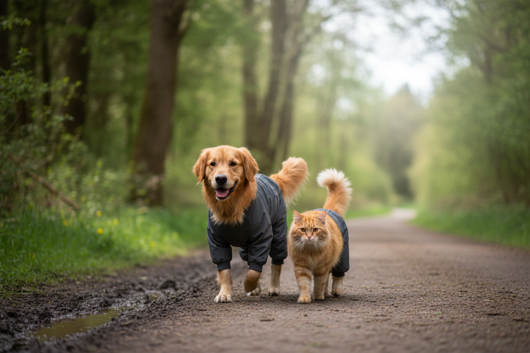 Dog and cat wearing full-body outdoor clothing near a muddy trail after a supervised outing