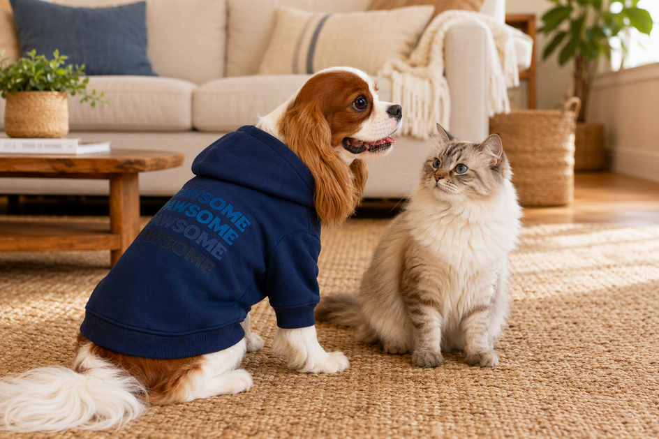 Dog wearing a hoodie beside a cat in a comfortable home setting.