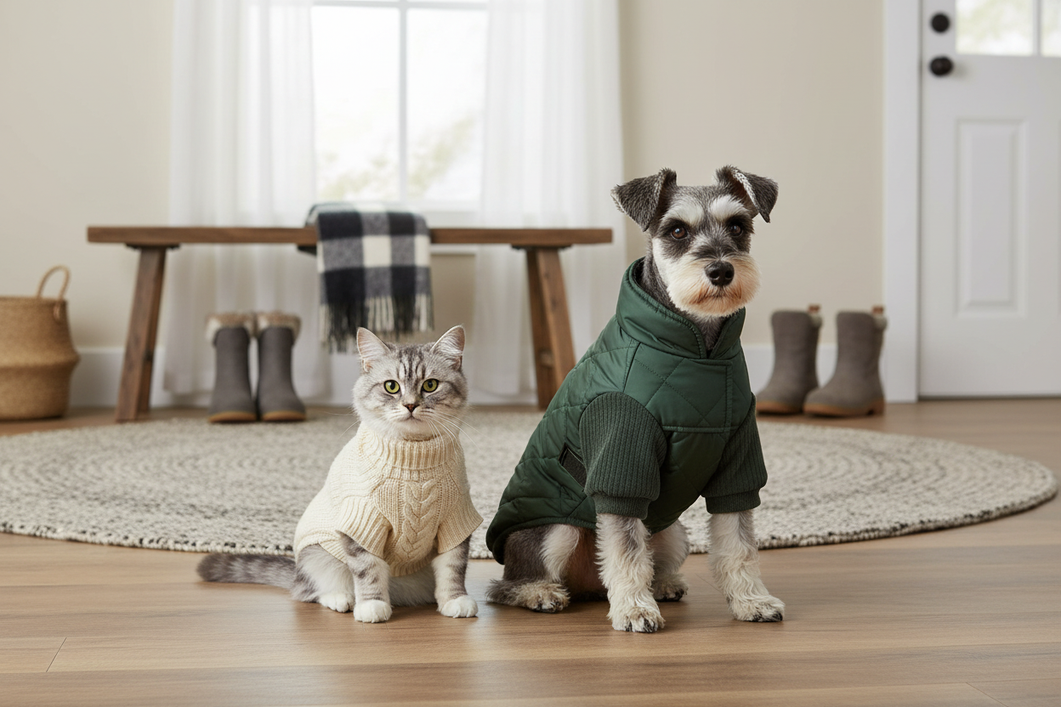 Small dog and cat wearing comfortable cold-weather layers for a winter walk, with the outer coat fitting smoothly over the base layer.