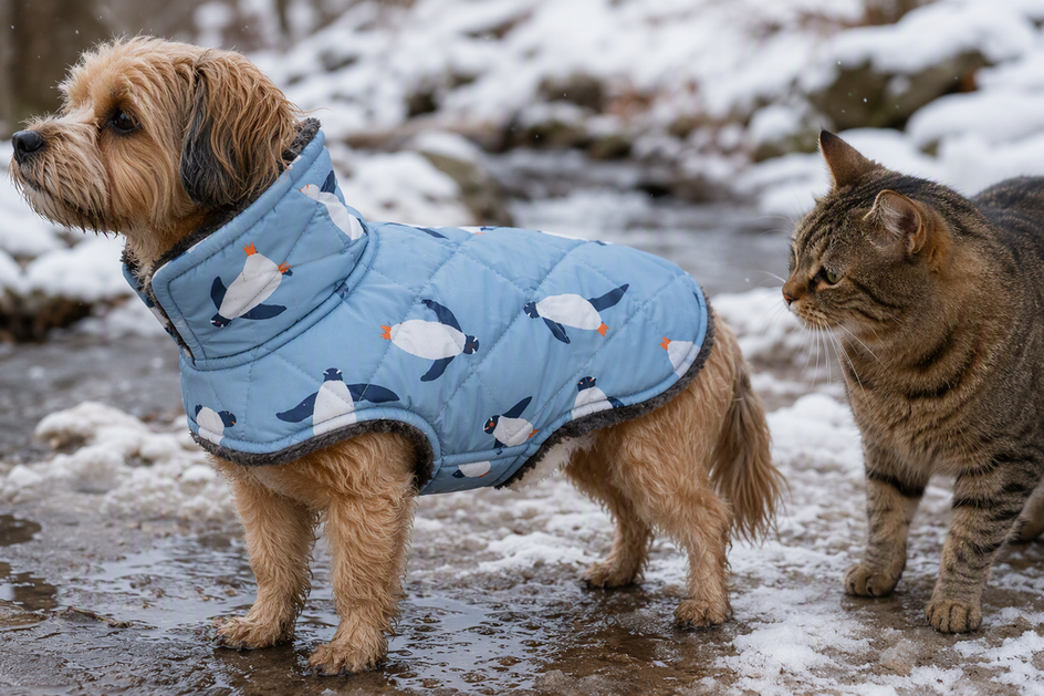 Dog wearing a weatherproof winter jacket outdoors beside a curious cat on a cold, wet day.