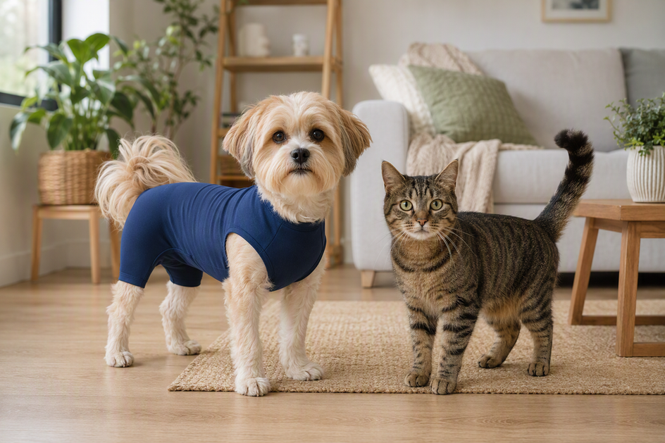 A dog wearing a close-fitting one-piece garment stands beside a cat in a bright home setting.