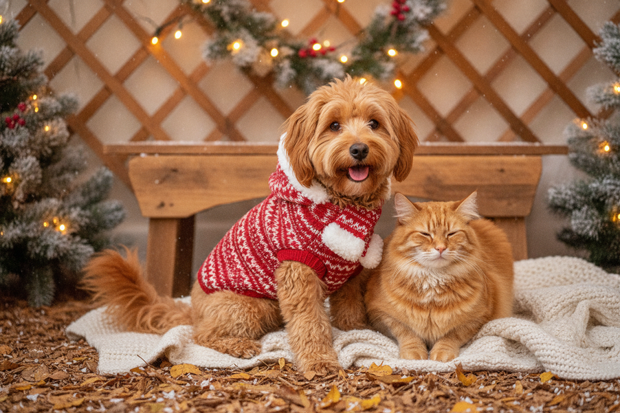 Small dog and cat together at a cozy outdoor winter celebration, with the dog wearing a festive warm outfit and the cat beside it