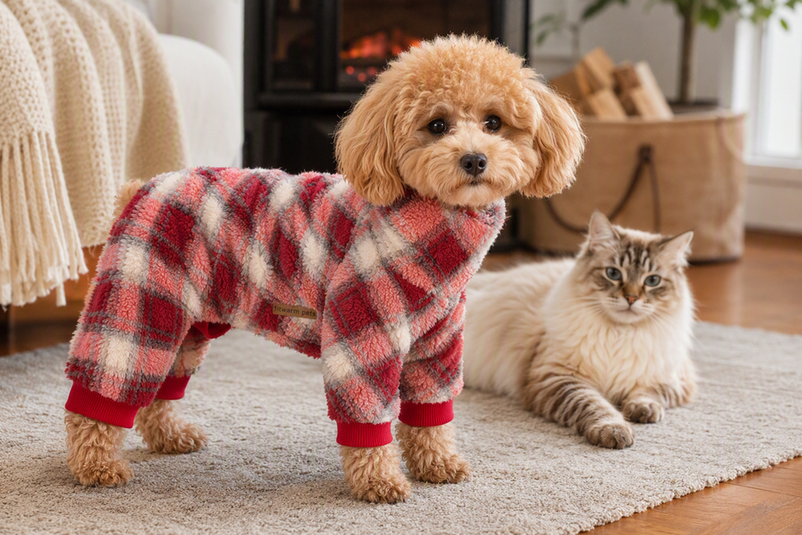 Small dog wearing plaid pajamas beside a relaxed cat in a cozy home setting.