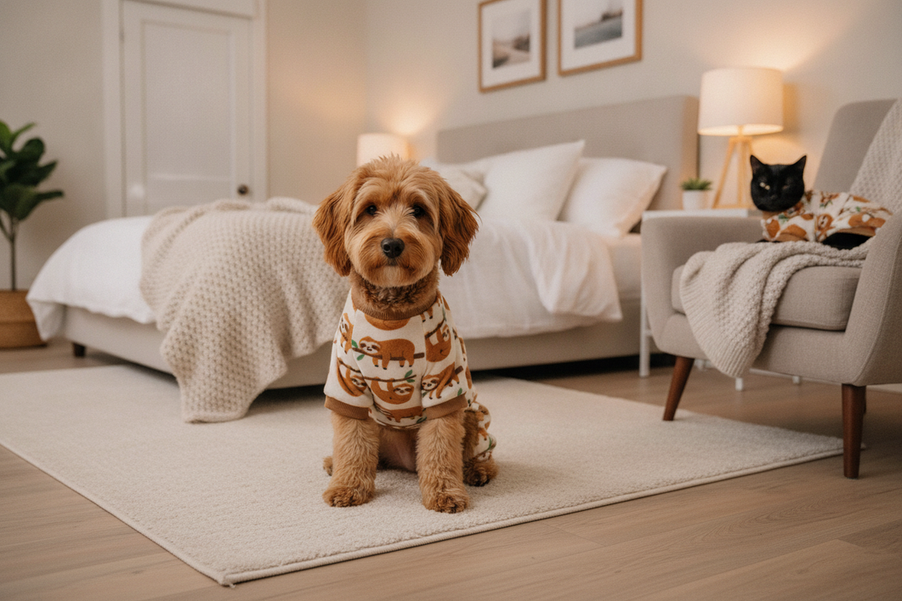 Small dog and cat wearing cozy pet pajamas together in a warm home setting