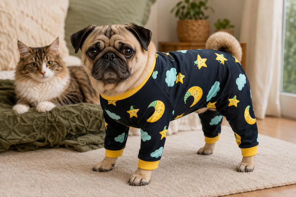 Pug wearing dog pajamas beside a cat in a cozy home setting