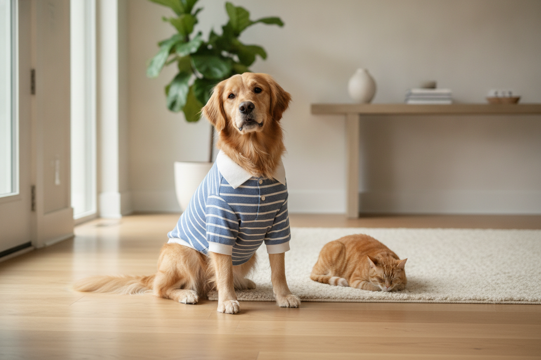 Dog wearing a neat polo shirt beside a cat in a bright home setting, presenting a polished pet outfit for photos or casual visits.