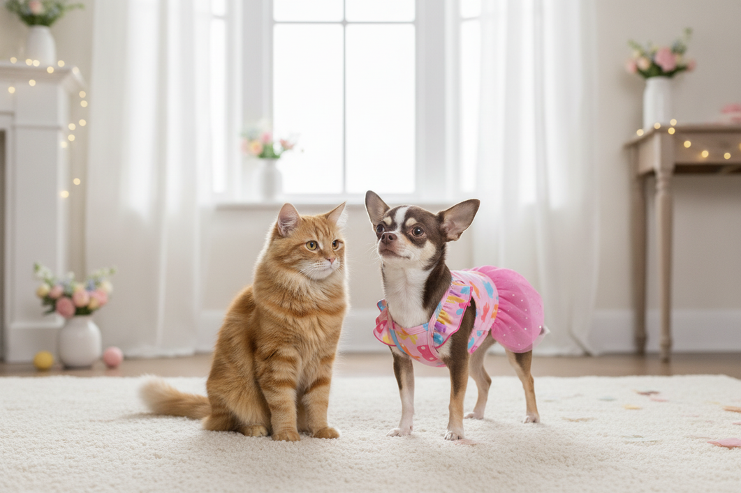 Small dog wearing a fancy princess dress beside a curious cat in an elegant celebration setting