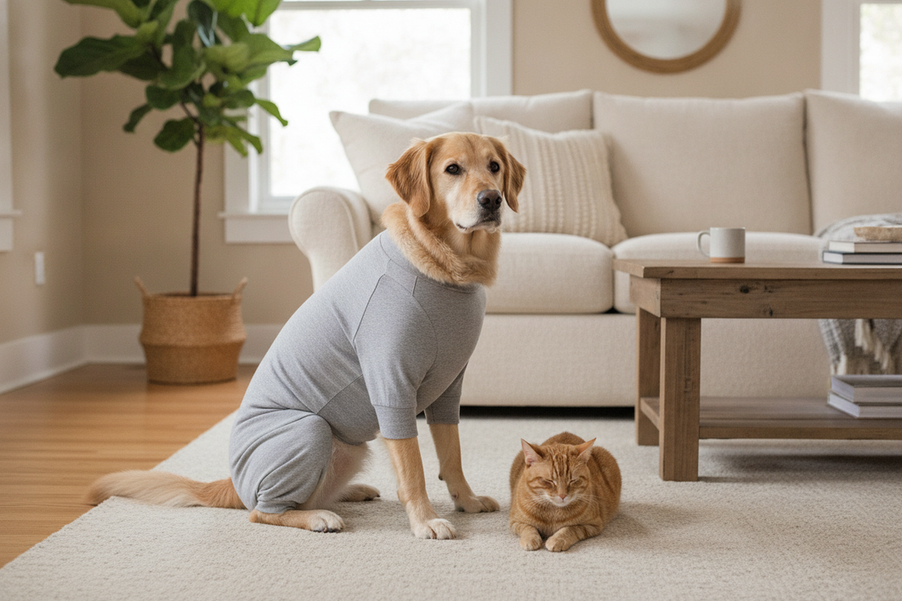 Dog wearing a plain full-body pet garment beside a cat in a bright home setting