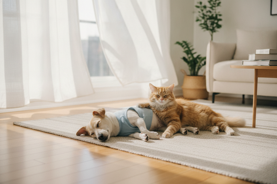A small dog wearing a simple lightweight shirt rests comfortably beside a cat in a bright, well-ventilated apartment living room during summer.