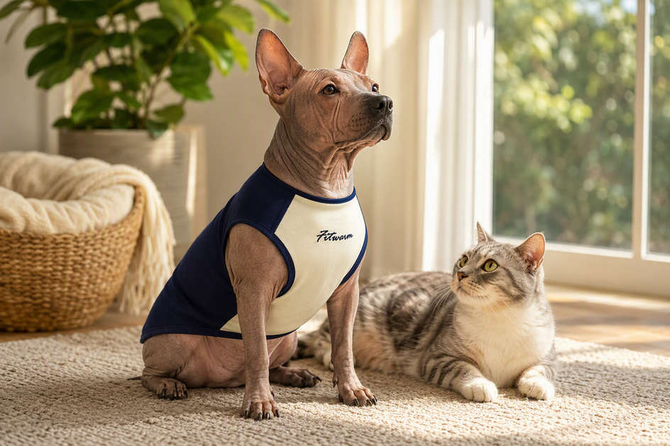 Hairless dog wearing a dog shirt beside a cat in a bright home setting, with the shirt clearly visible across the dog's torso.