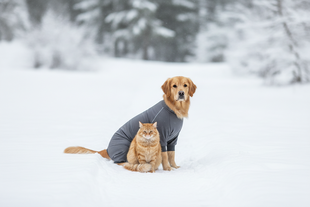 Dog and cat together in a snowy winter setting, illustrating when full-body outdoor coverage may help.
