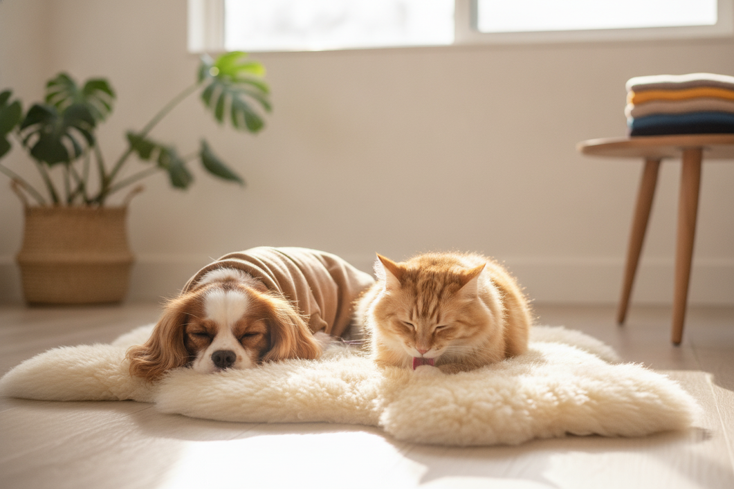 Dog wearing a cozy sweater beside a cat in a bright home setting, presented as a broad online shopping hero image.