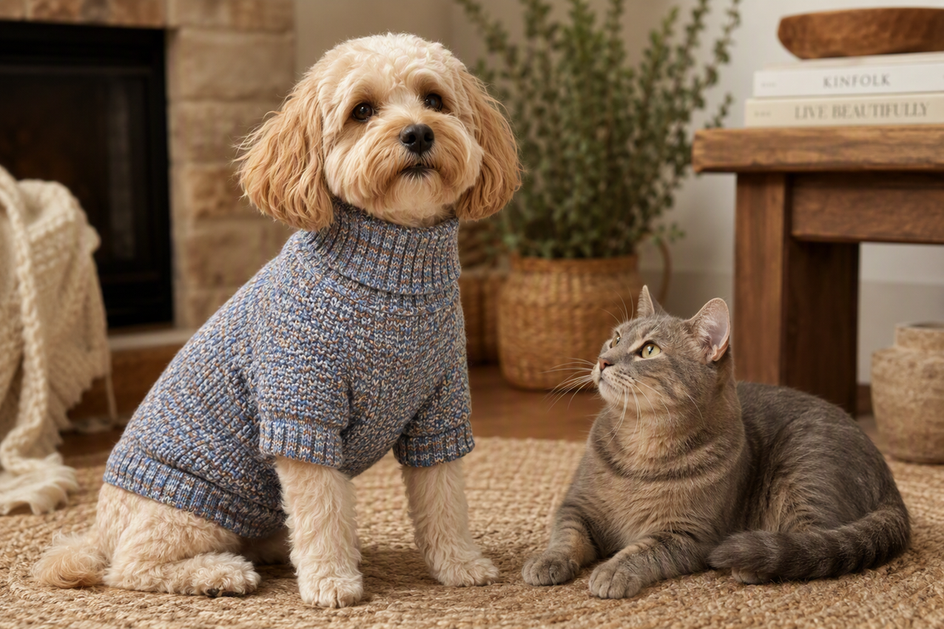 Small dog wearing a knitted dog sweater beside a cat in a cozy indoor setting, with the sweater neckline visible around the dog's shoulders.