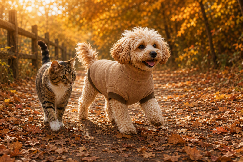 Small dog wearing a fleece sweatshirt on an autumn walk with a cat nearby