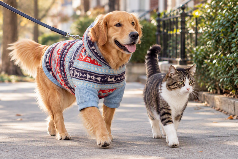 Dog wearing a fleece sweatshirt on a daily walk while a cat walks nearby.