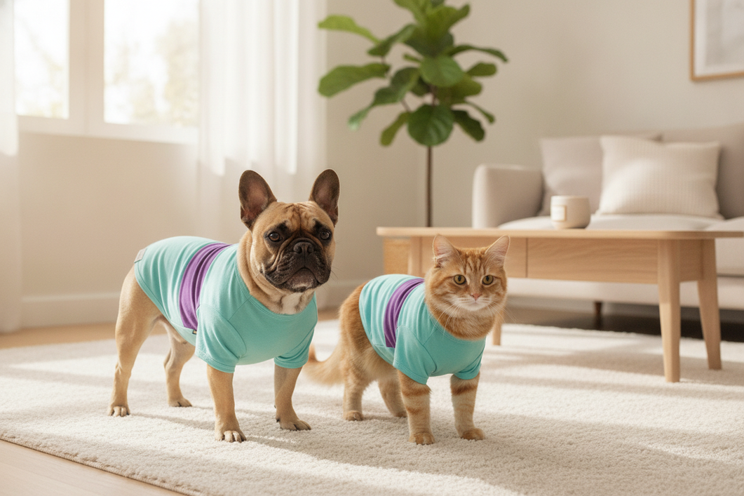 Small dog and cat wearing lightweight shirts in a bright home setting