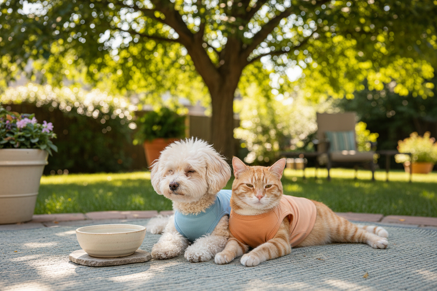 A small dog and a cat wearing lightweight sleeveless summer tops together in a shaded outdoor setting