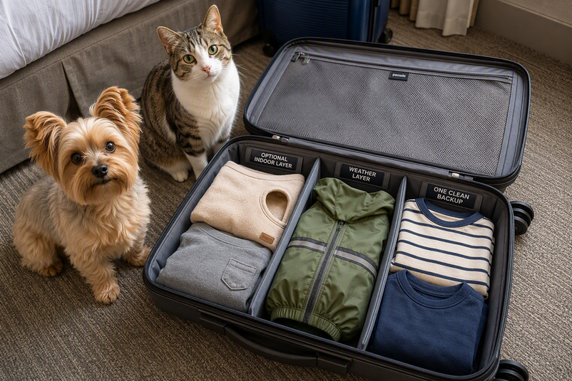 Small dog and cat beside an open suitcase containing neatly separated travel clothing in a hotel room.