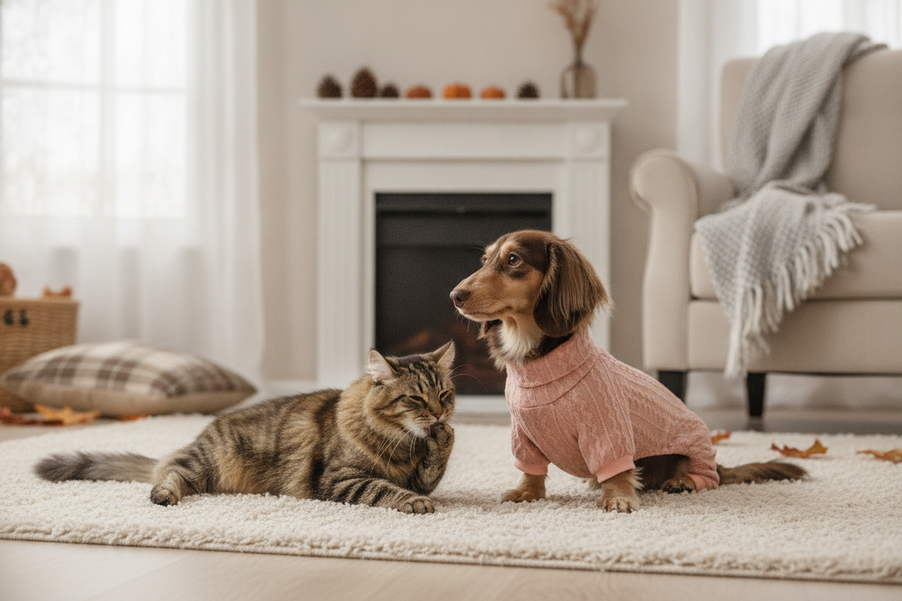 Small dog and cat together in a cozy indoor scene, with the dog wearing a knitted turtleneck sweater for a broad seasonal layering view