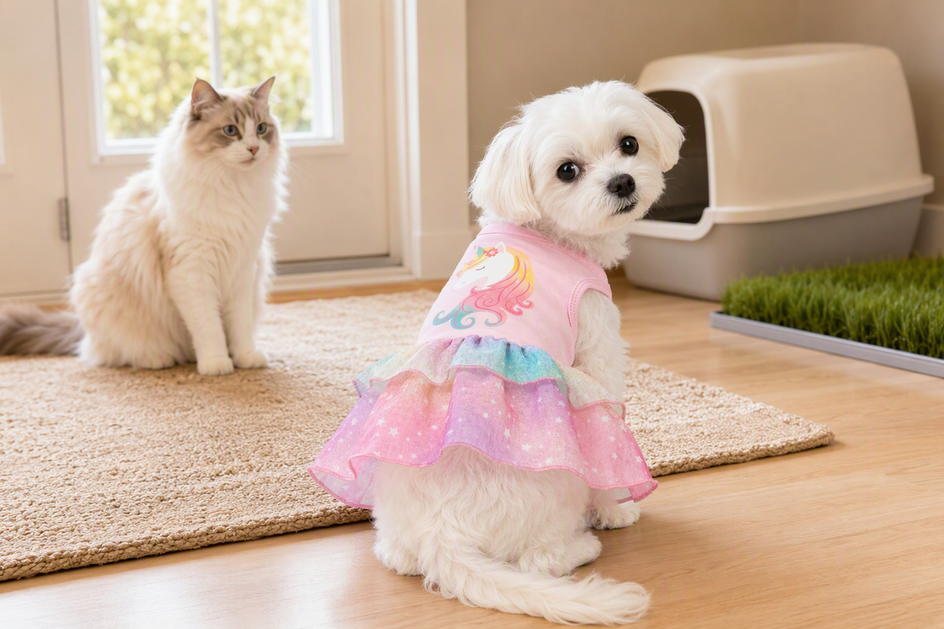 Small dog wearing a festive tutu dress beside a cat in a bright home setting with a litter box nearby