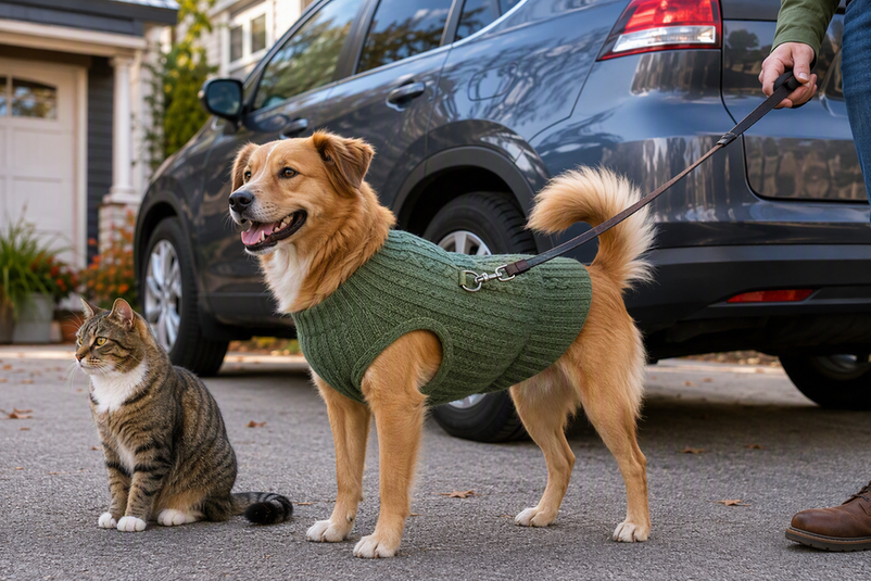 Dog wearing a step-in sweater vest with a visible leash ring, standing beside a parked car while a cat sits nearby.