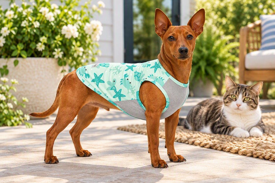 Miniature Pinscher wearing a sleeveless dog vest outdoors beside a cat, shown in a relaxed full-body stance.