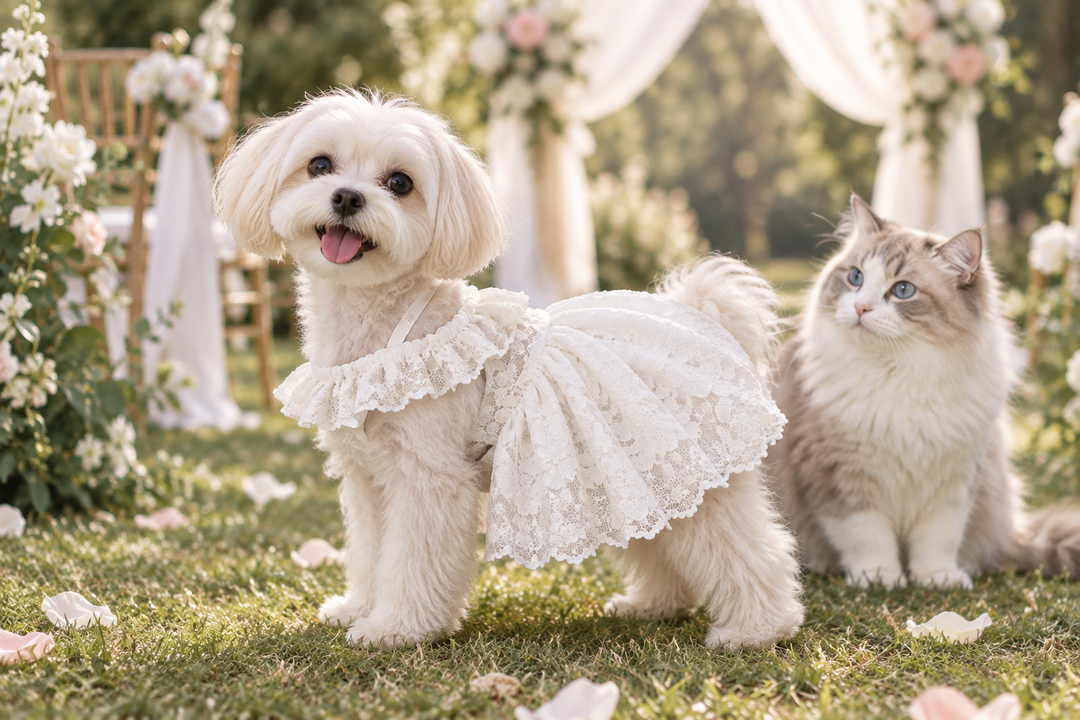 Small dog wearing a formal lace dress at an outdoor wedding setting with a cat nearby.