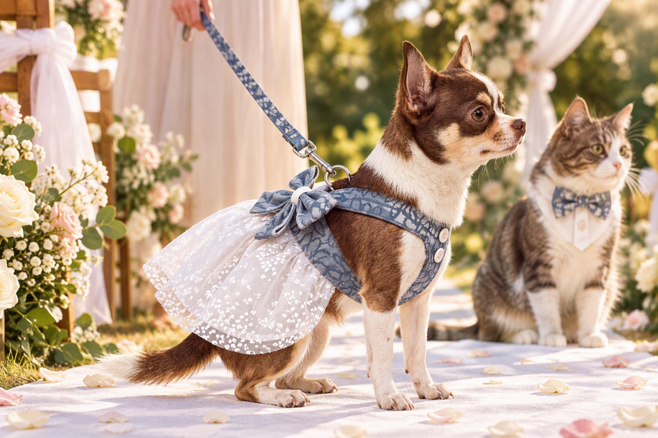 Small dog wearing a formal wedding dress beside a cat and handler at an outdoor wedding ceremony