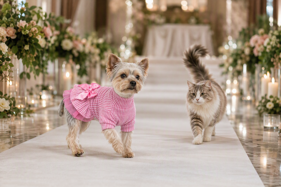 Dog in a tulle wedding-style dress walking beside a cat on an indoor ceremony aisle, with the skirt clear of the dog's paws.