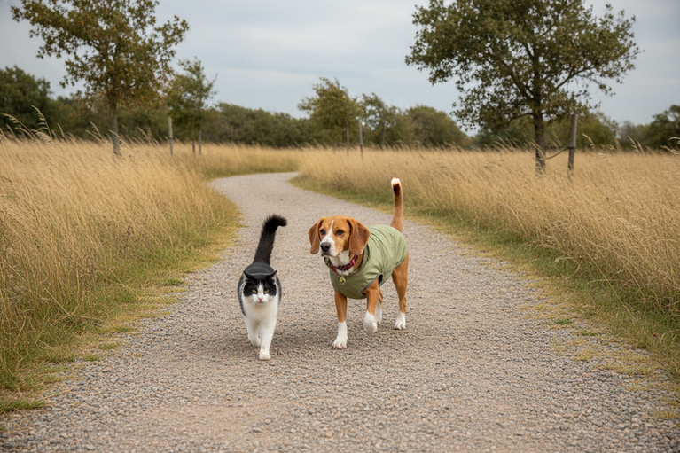 A dog wearing a lightweight windbreaker beside a cat on a breezy outdoor walk