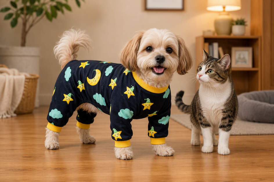 Small dog wearing full-coverage pajamas while standing on a clean hardwood floor beside a cat