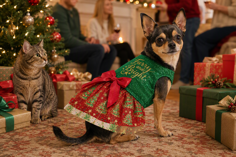 Dog wearing a sparkly holiday dress at a festive gathering with a cat nearby and wrapped gifts in the background.