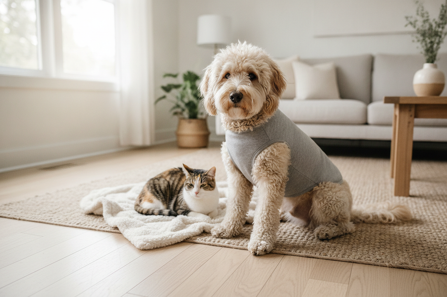 Curly-coated Doodle wearing a simple dog garment beside a relaxed cat in a bright home setting