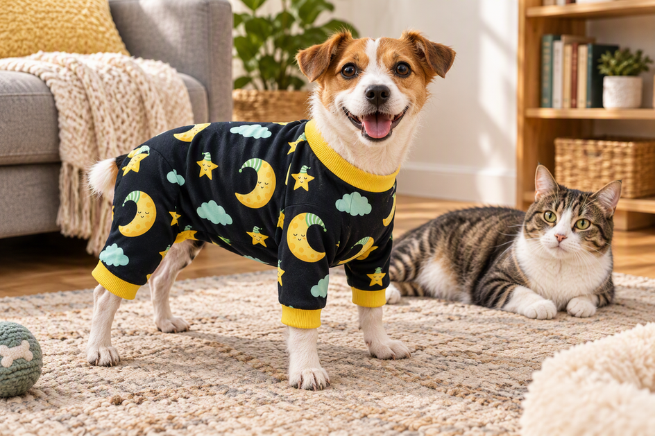 Three-legged dog wearing adapted four-legged pajamas while a cat sits nearby in a home setting.