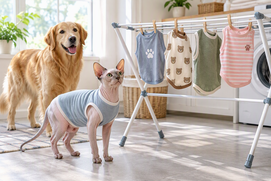 Sphynx cat wearing a clean pet shirt beside separated garments drying on an indoor rack, with a dog nearby