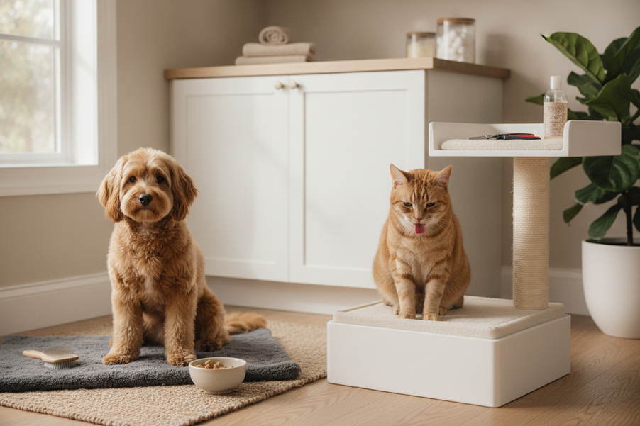 Small dog and cat together in a bright home setting, representing how coat type and grooming routines affect care needs