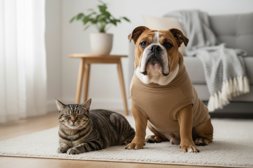 English Bulldog wearing a pet garment beside a cat in a clean home setting