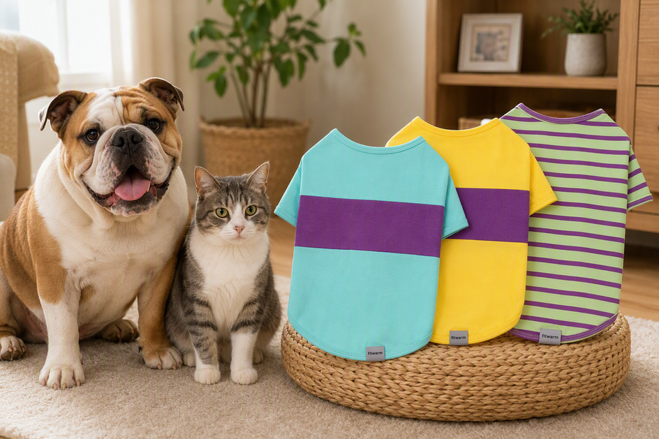 English Bulldog beside a clean dog shirt, with a cat nearby in a bright home setting