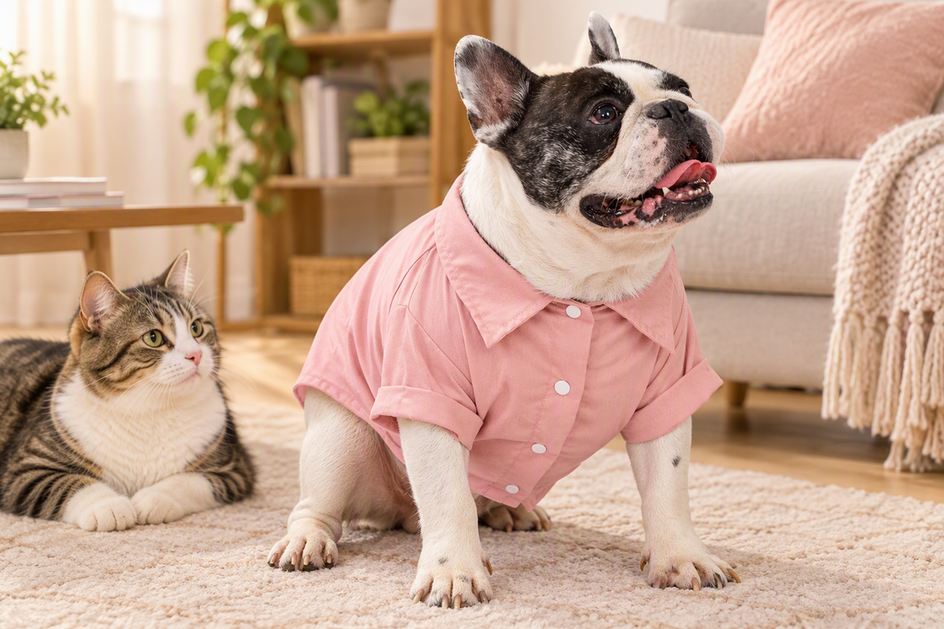 English Bulldog wearing a collared dog shirt with its neck folds visible, beside a cat in a home setting.