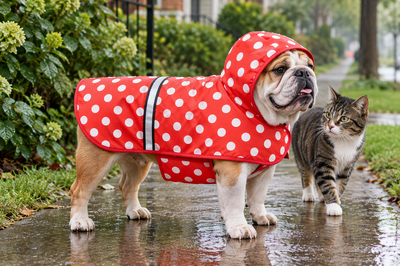 English Bulldog wearing a red polka-dot raincoat on a wet sidewalk with the belly closure centered under its chest.