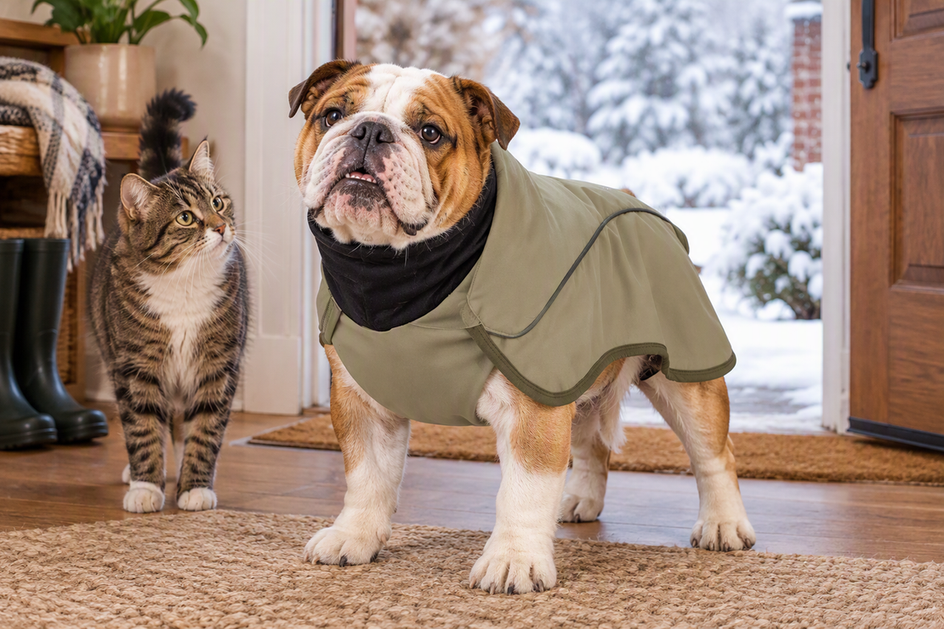 English Bulldog wearing a winter coat indoors beside a curious cat near a snowy entryway.