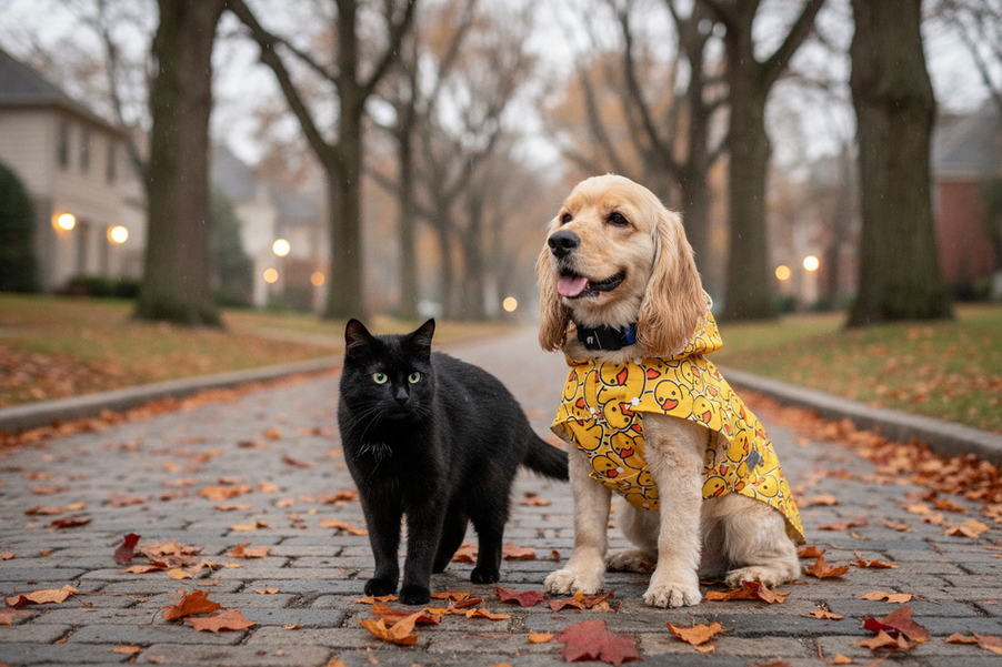 Dog in a raincoat beside a cat during a light, cool fall drizzle