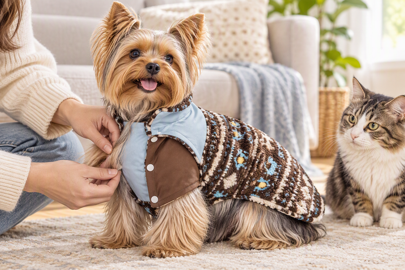 Silky Yorkshire Terrier wearing a dog coat while a cat sits nearby in a calm home setting.