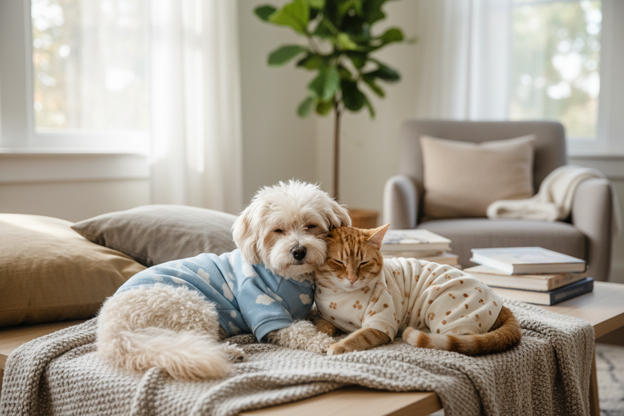 Small dog and cat wearing cozy fleece pajamas together in a warmly lit home setting