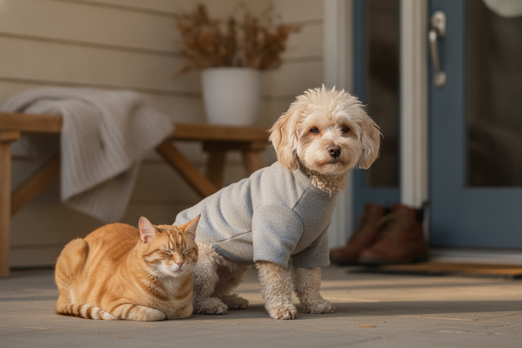 Small dog wearing a fleece sweater beside a cat in a warm outdoor lifestyle scene