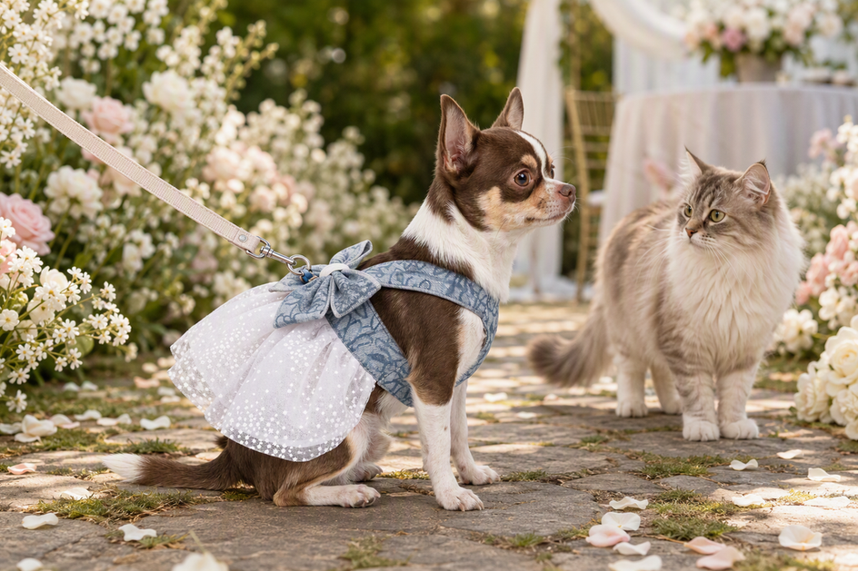 Dog wearing a floral harness dress beside a cat in a spring wedding garden setting